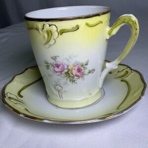 Antique Porcelain Prussia Style Hand-Painted Yellow & Green Rose Teacup & Saucer